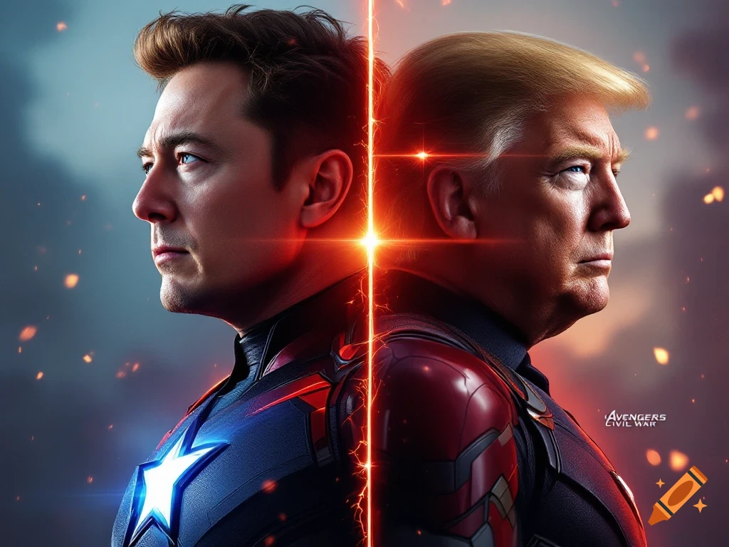 Split portrait of Elon Musk as Iron Man and Donald Trump as Captain America in a movie poster style.