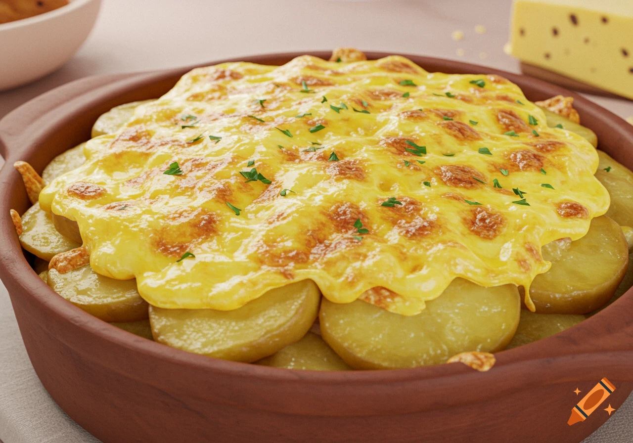 Close-up of a cheesy potato bake in a brown ceramic dish.
