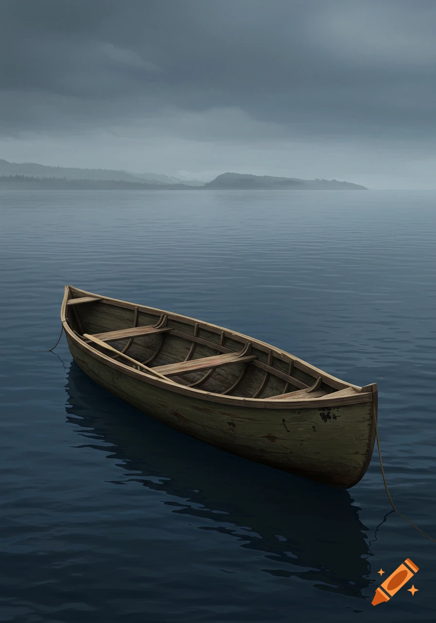 Wooden canoe floating on calm water under a cloudy sky with hazy mountains in the distance.