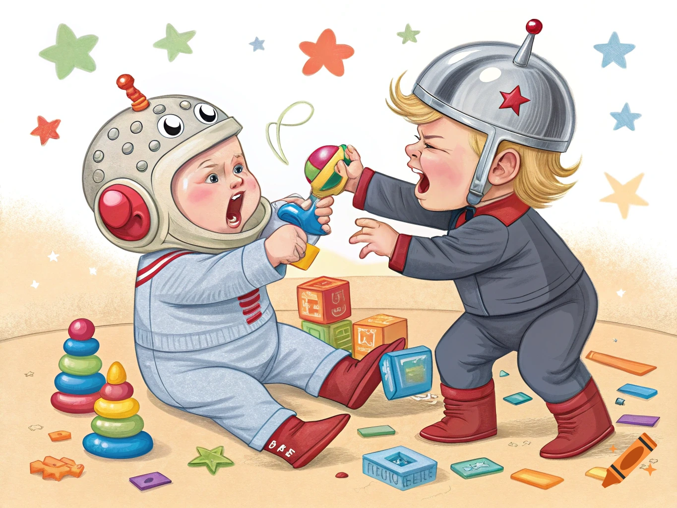 Illustration of two babies in space costumes fighting over a rattle among toys.