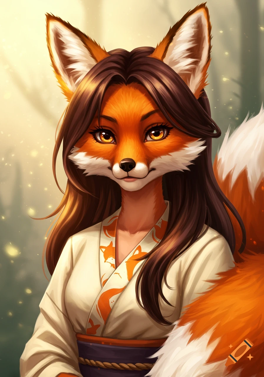 Illustration of an anthro fox girl wearing a white kimono with orange fox patterns