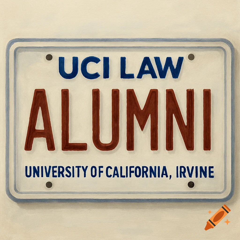 Painting of a white license plate with blue text "UCI LAW", red text "ALUMNI", and blue text "UNIVERSITY OF CALIFORNIA, IRVINE".