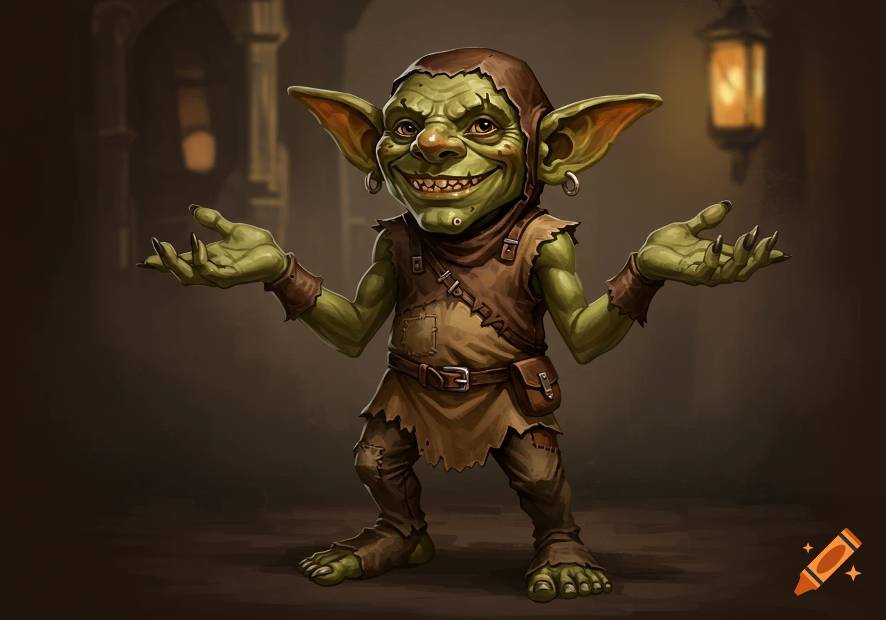 A green goblin shrugging in a dark fantasy setting, digital illustration.