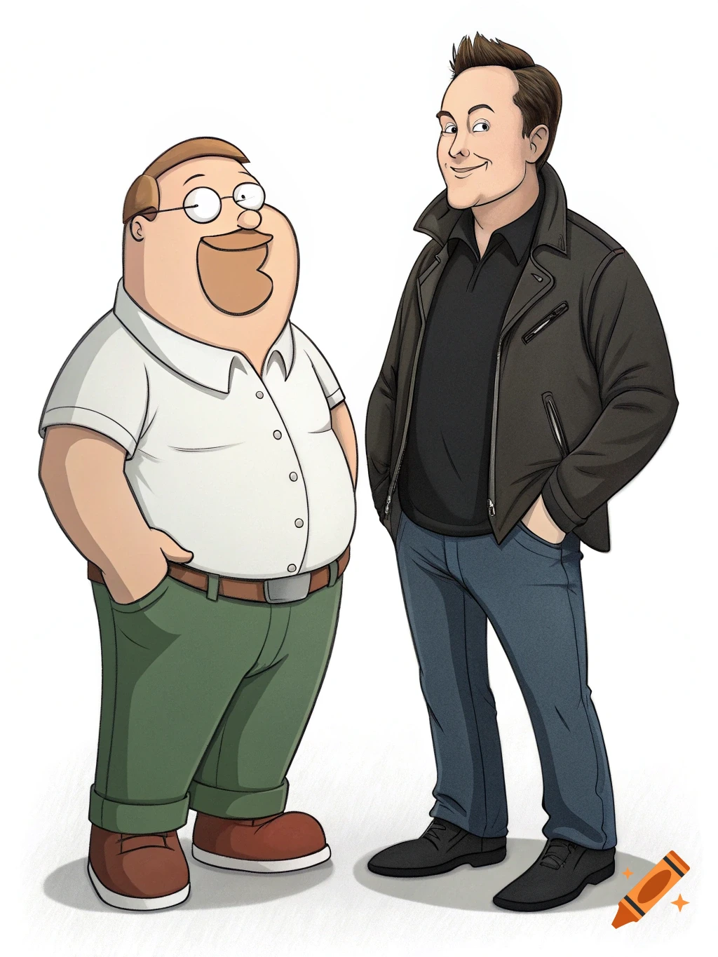 Cartoon rendering of Peter Griffin standing next to a man resembling Elon Musk