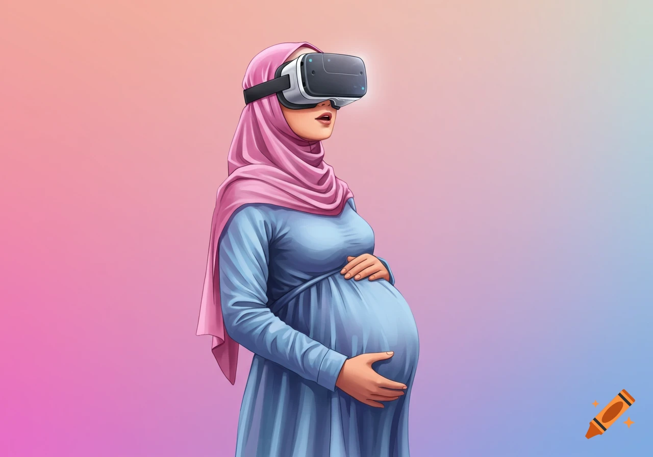 Illustration of a pregnant woman in pink hijab and blue dress wearing a VR headset.