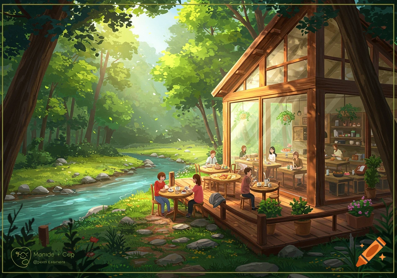 Illustrated cafe by a river in a forest with people