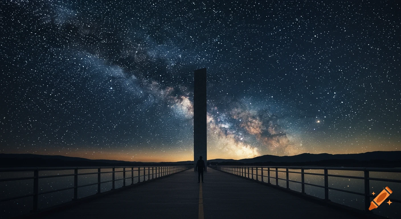 A lone figure stands on a bridge looking up at a tall monolith under a vibrant, star-filled night sky with the Milky Way.