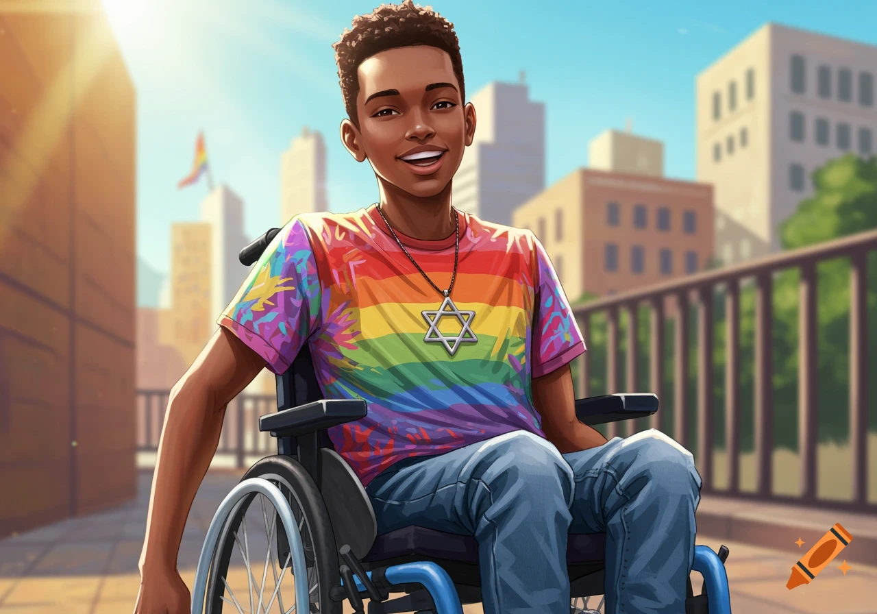 A young black boy in a wheelchair smiles, wearing a rainbow shirt and Star of David necklace in a city park.