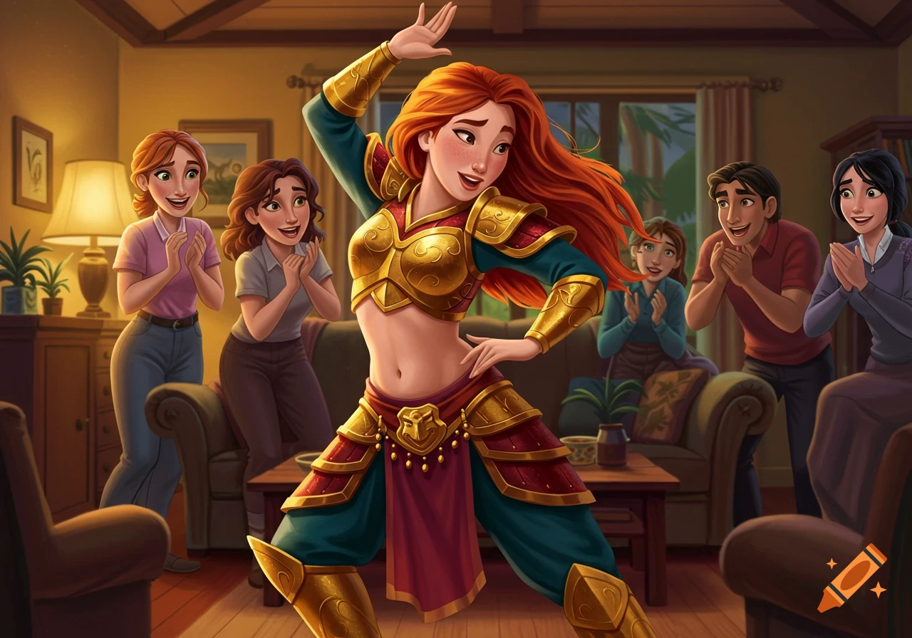 Animated female warrior in golden armor belly dancing for cheering friends in a living room.