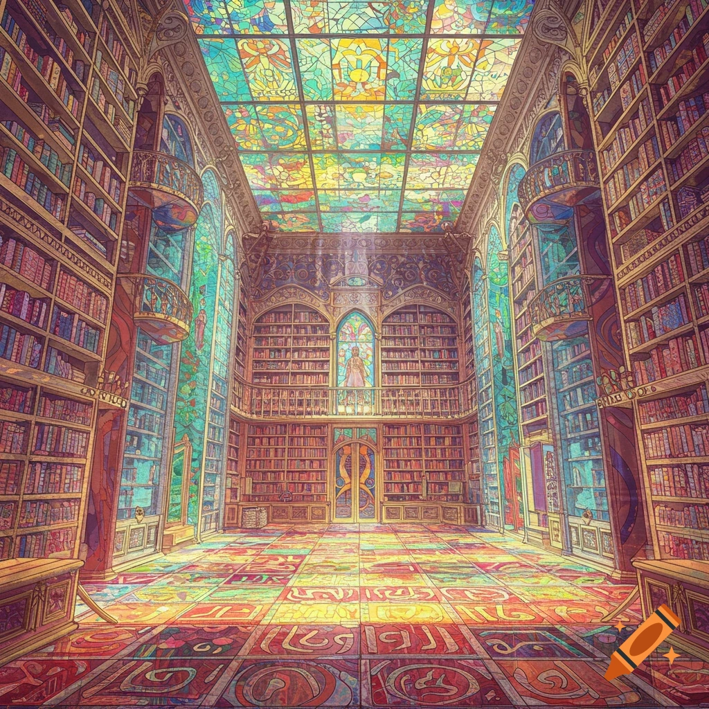 Vibrant, detailed illustration of a vast fantasy library with stained glass ceiling and floor tiles.