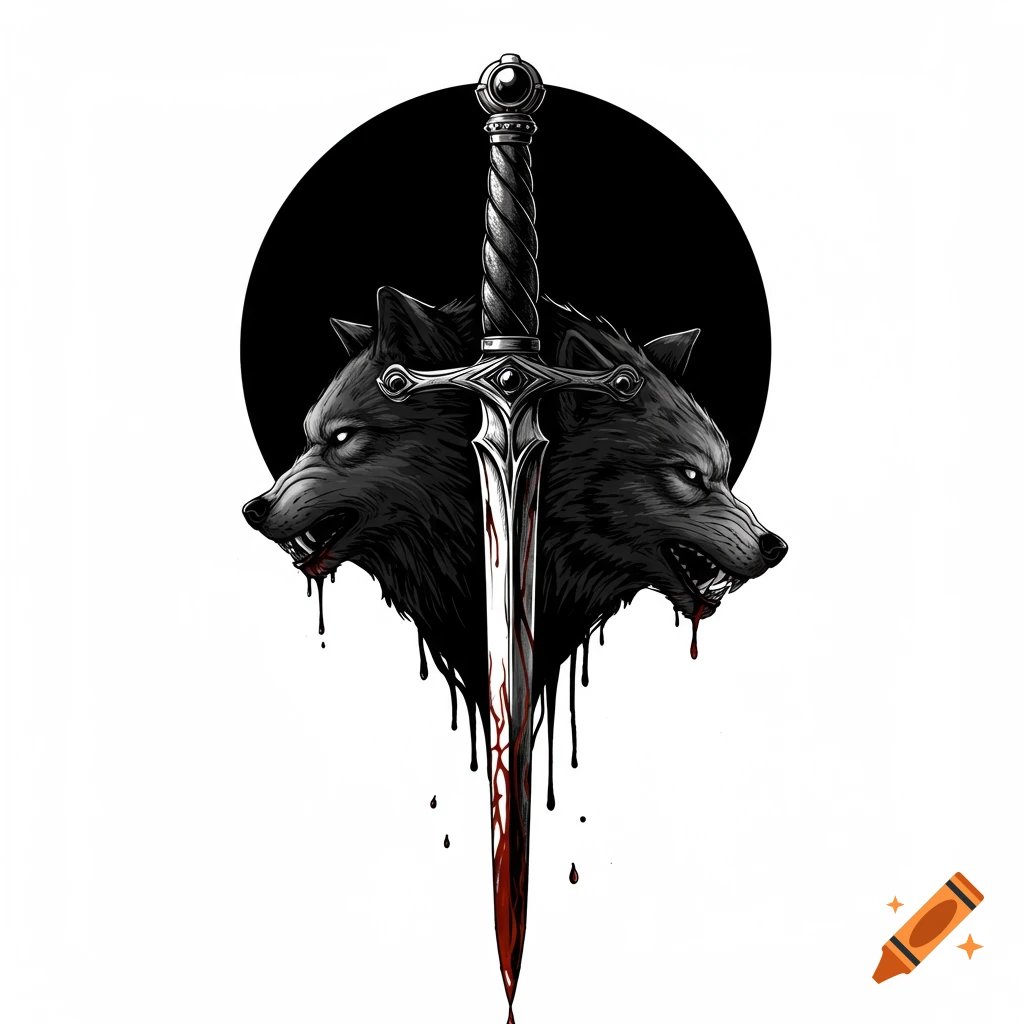 Detailed illustration of a bloody sword between two menacing wolf heads against a black circle on a white background.