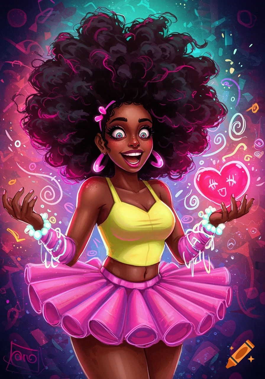 Cartoon girl with big curly hair, yellow top, pink tutu, holding a glowing pink heart.