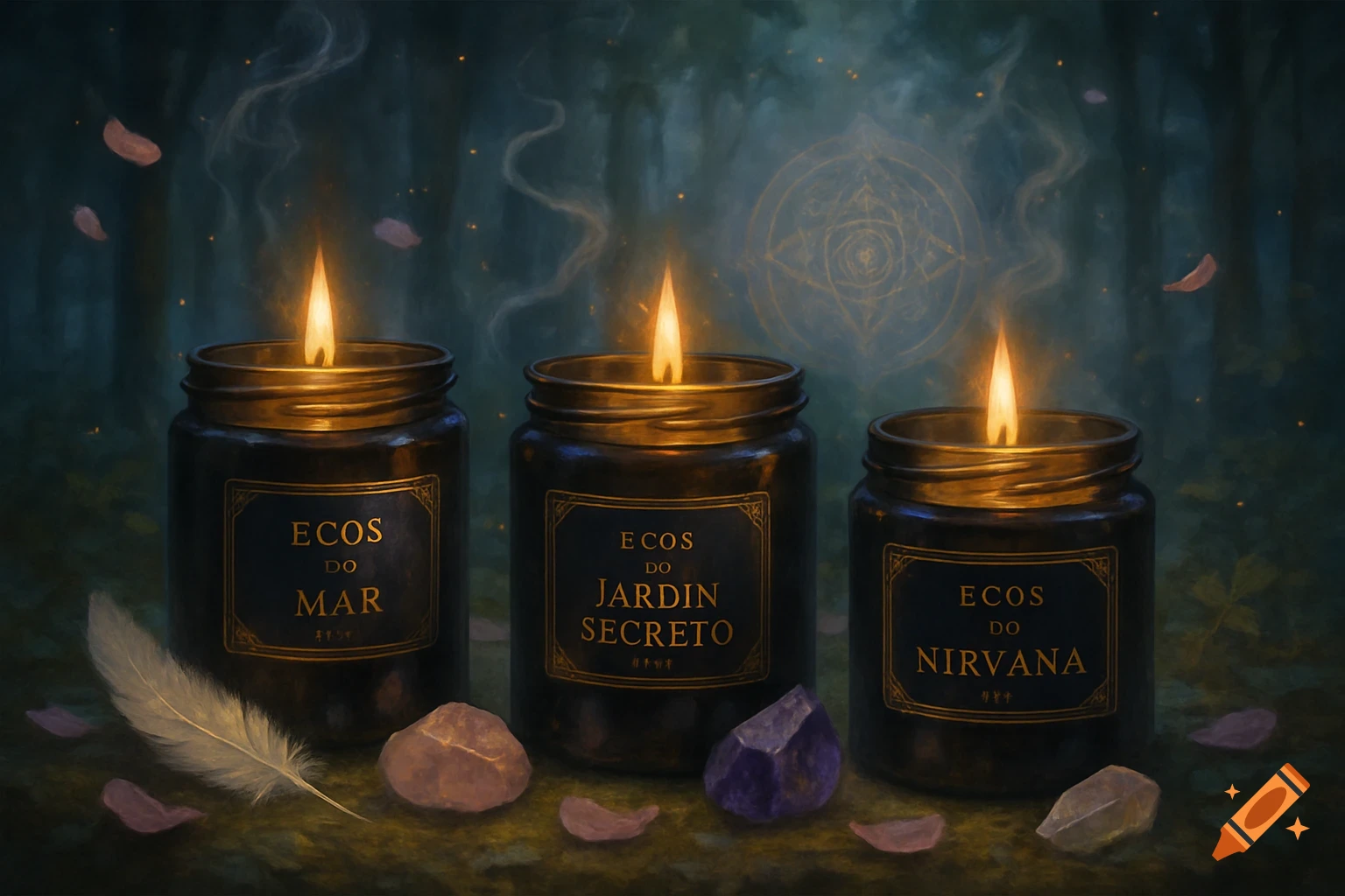 Three glowing candles in black jars labeled with Portuguese phrases sit in a mystical forest with crystals and a feather.