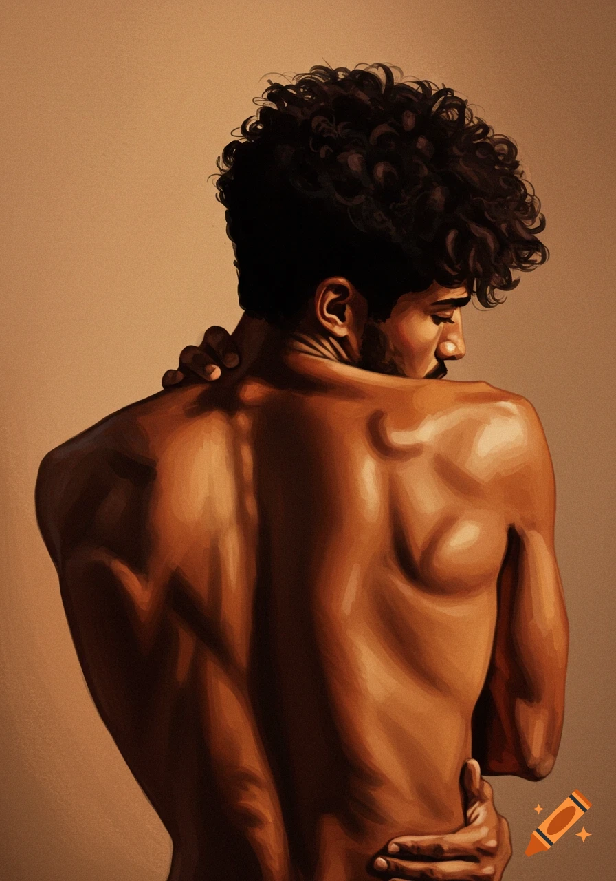 Painterly portrait of a shirtless man with curly hair from the back, wrapping his arms around himself.