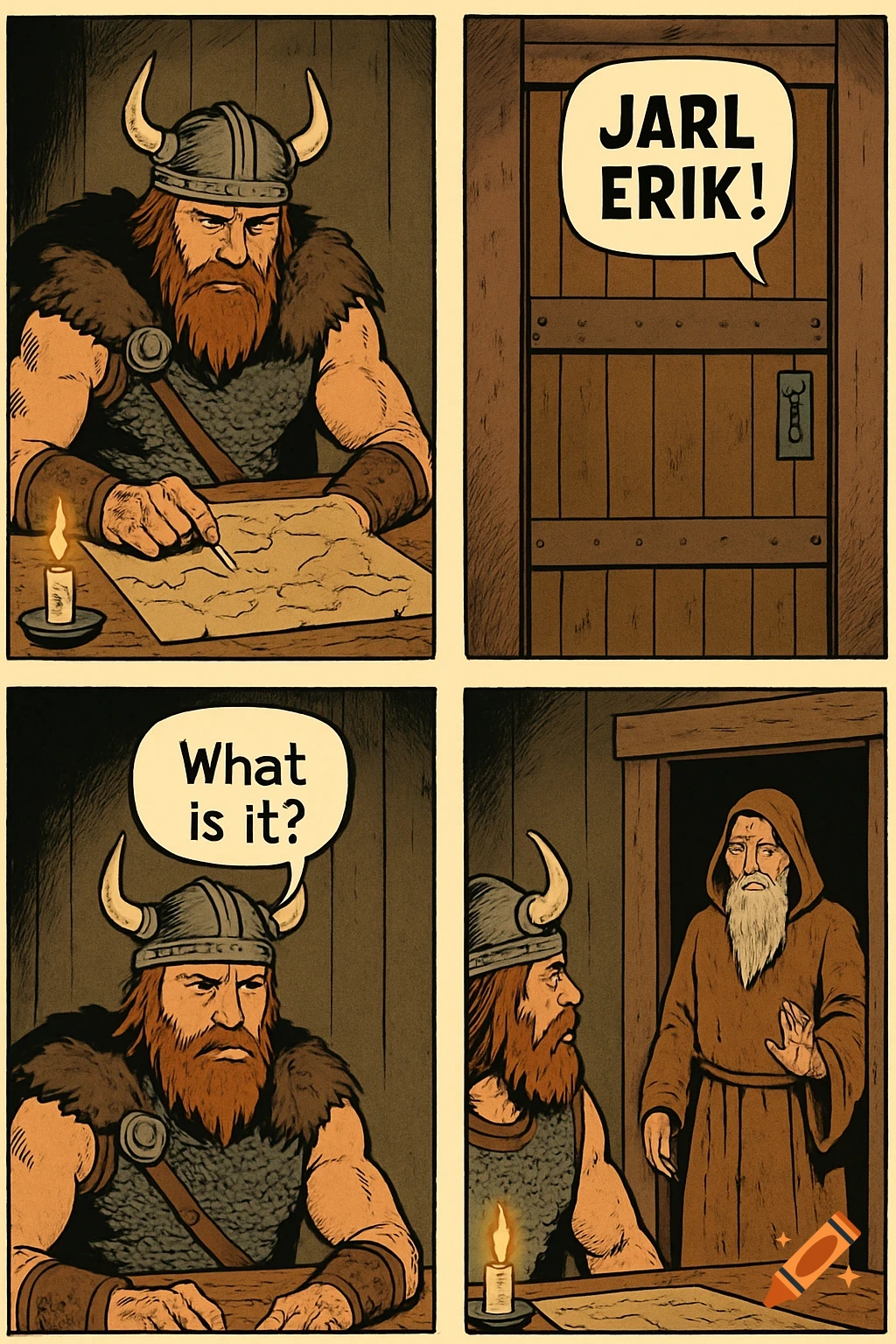 Four-panel comic strip showing a viking at a table, a door with a speech bubble saying "JARL ERIK!", the viking saying "What is it?", and a monk entering.