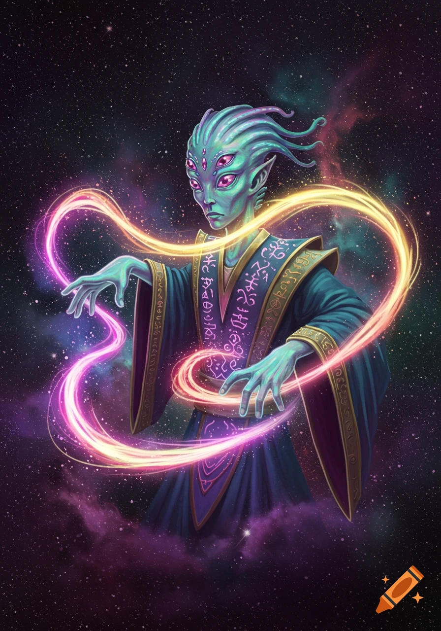 An alien wizard with multiple eyes casts glowing purple and gold magic in space.