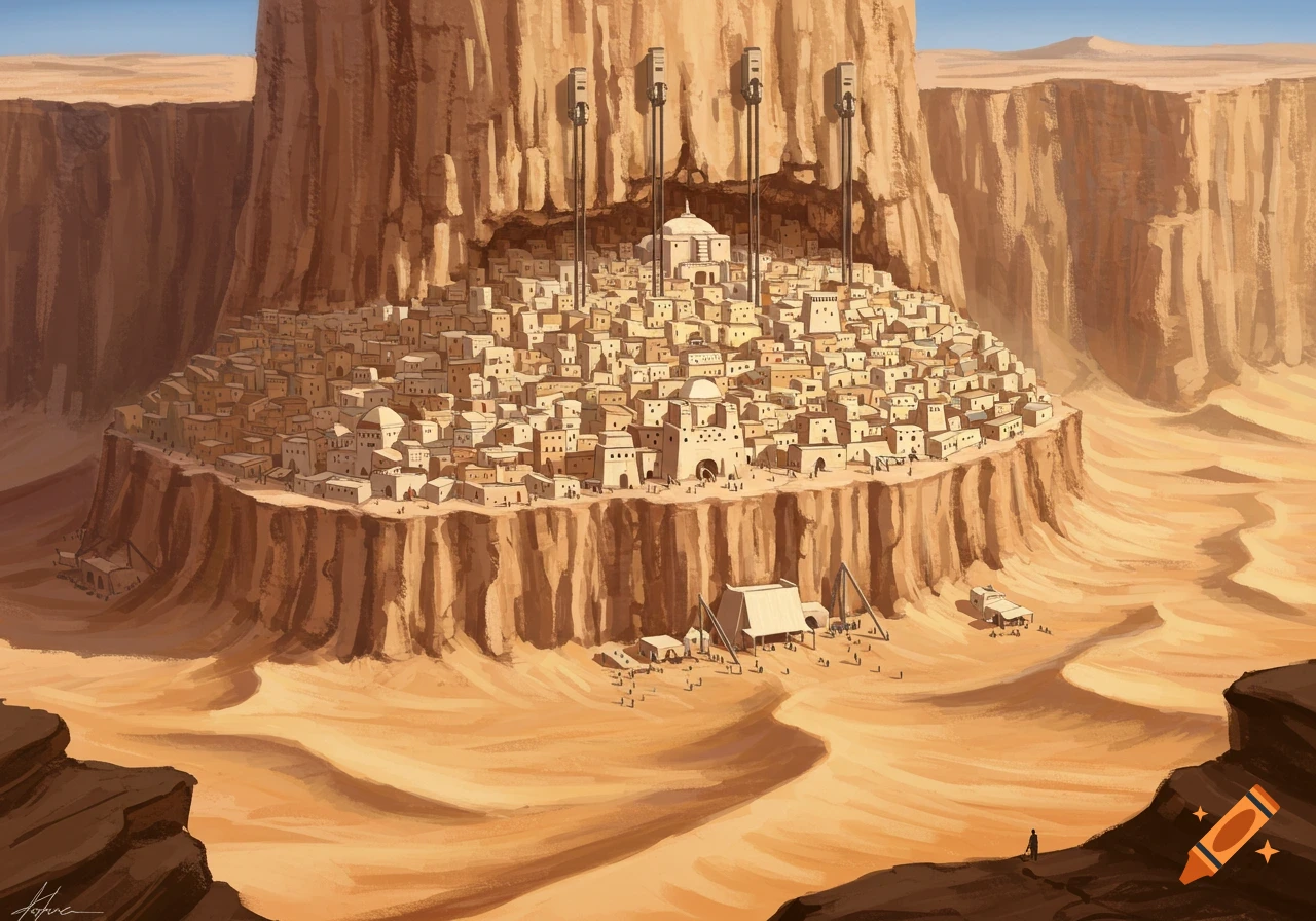 An illustration of a city built into the base of a massive cliff face in a desert, with large elevators leading to the top.