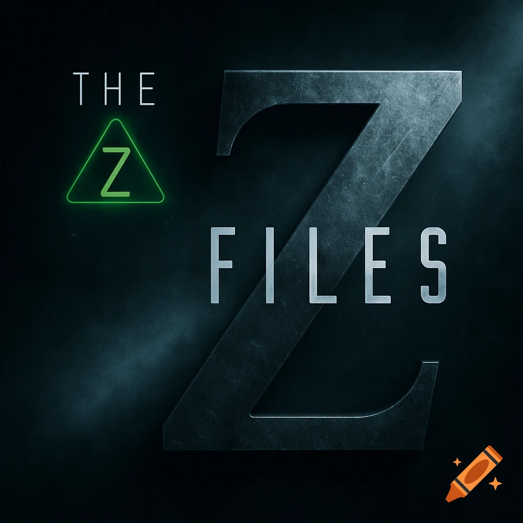 Cinematic logo parody titled THE Z FILES with a large metallic Z and green triangle symbol.