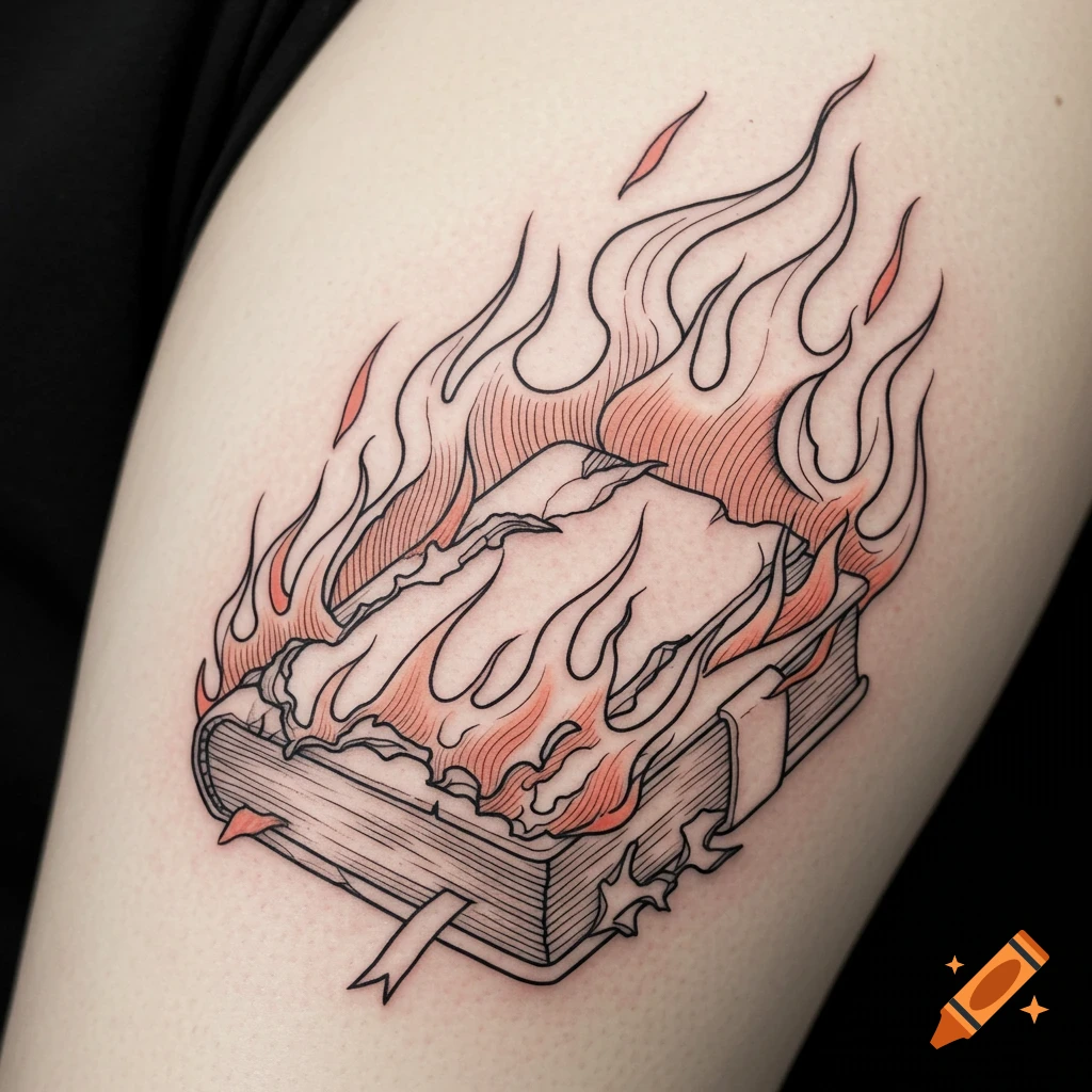 Fine line tattoo of a burning book on skin