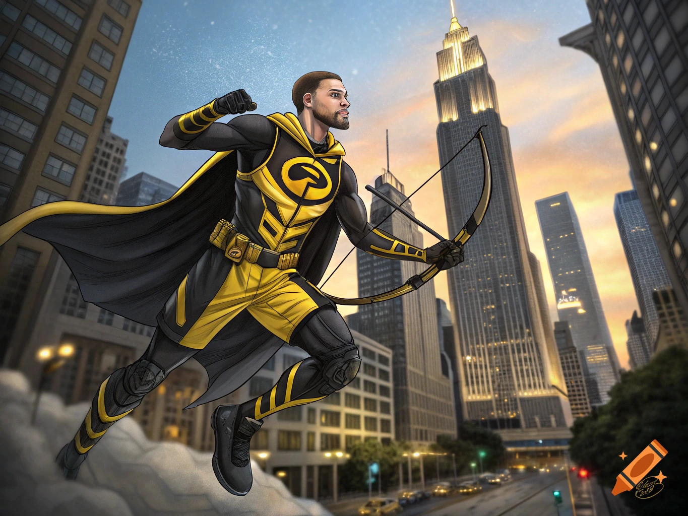 Illustration of a superhero in a black and yellow suit with a bow and arrow leaping over a city.