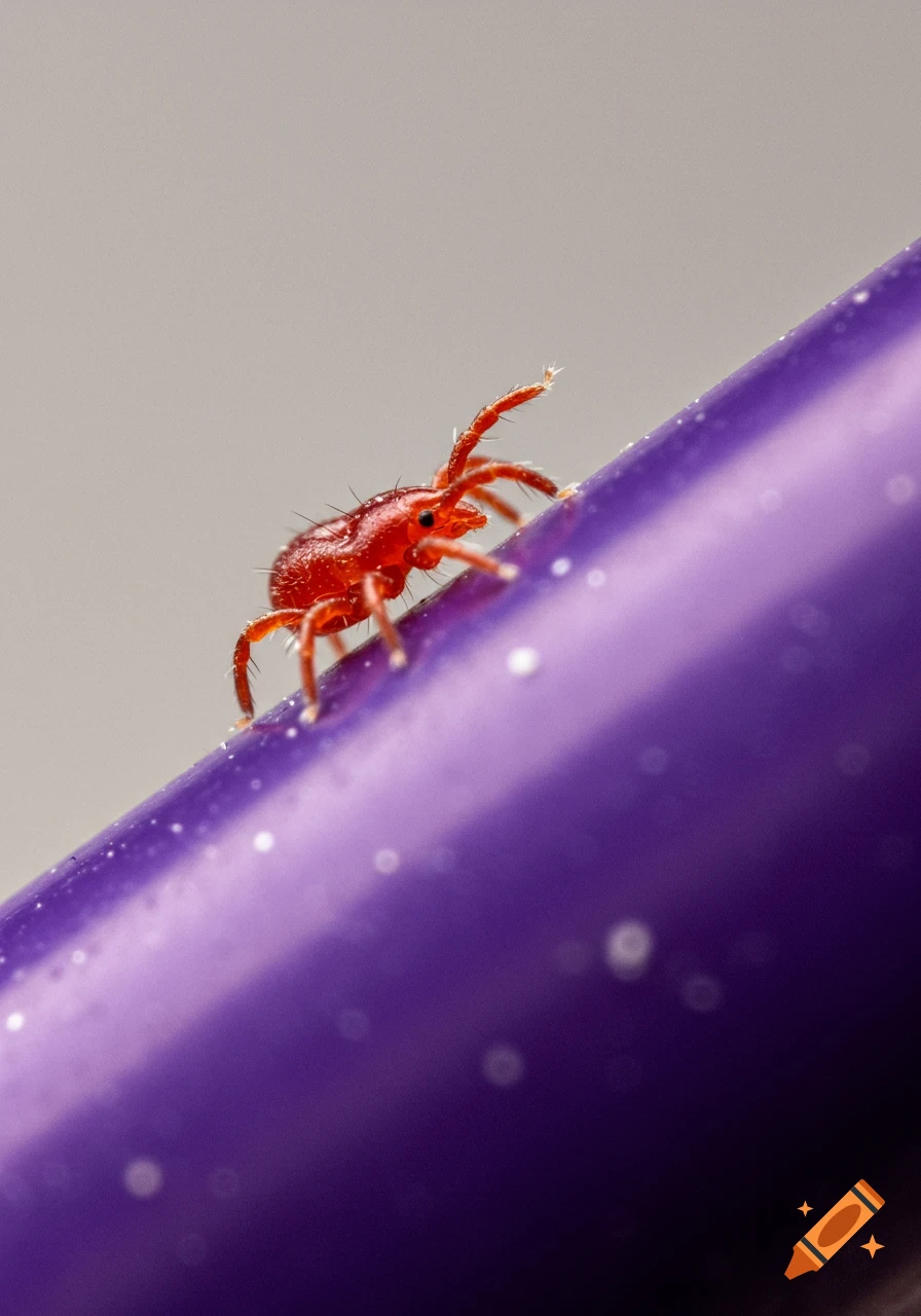 A small red mite crawls on a purple surface.