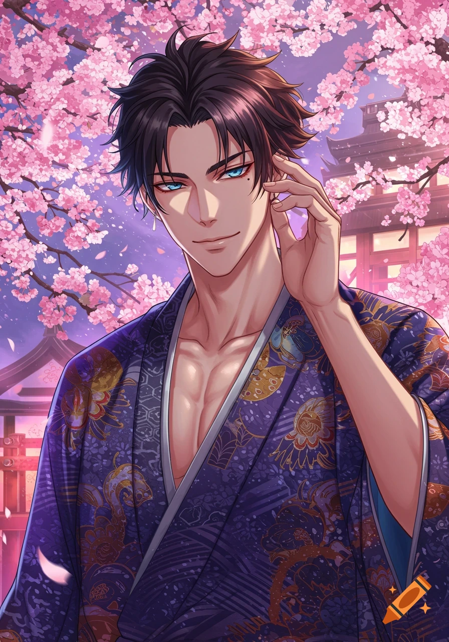 An anime-style illustration of a man in a blue and purple kimono standing among pink cherry blossoms.