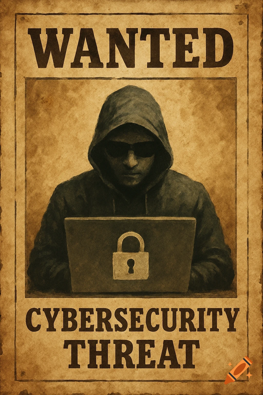 Vintage wanted poster for a cybersecurity threat, showing a hooded hacker with a laptop.