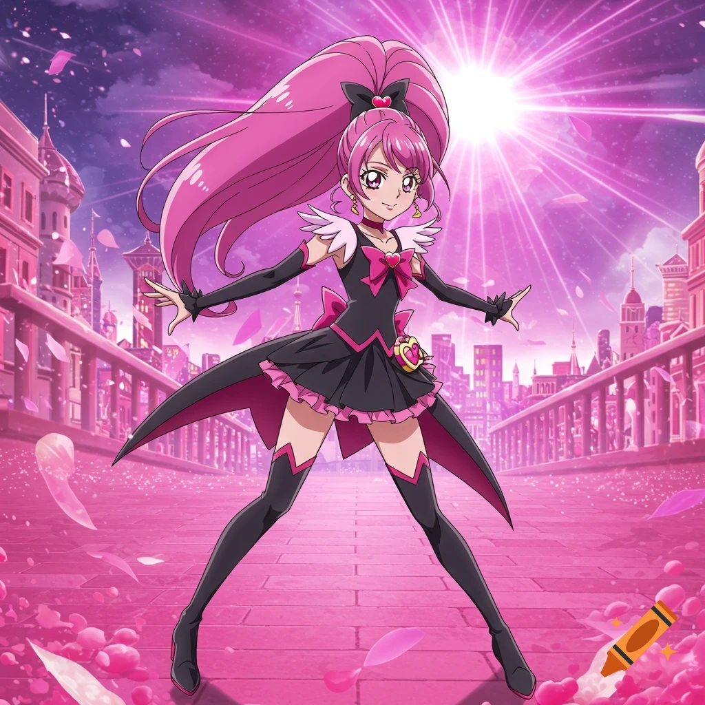 Pink-haired anime girl in black and pink costume poses in a pink cityscape with falling petals.