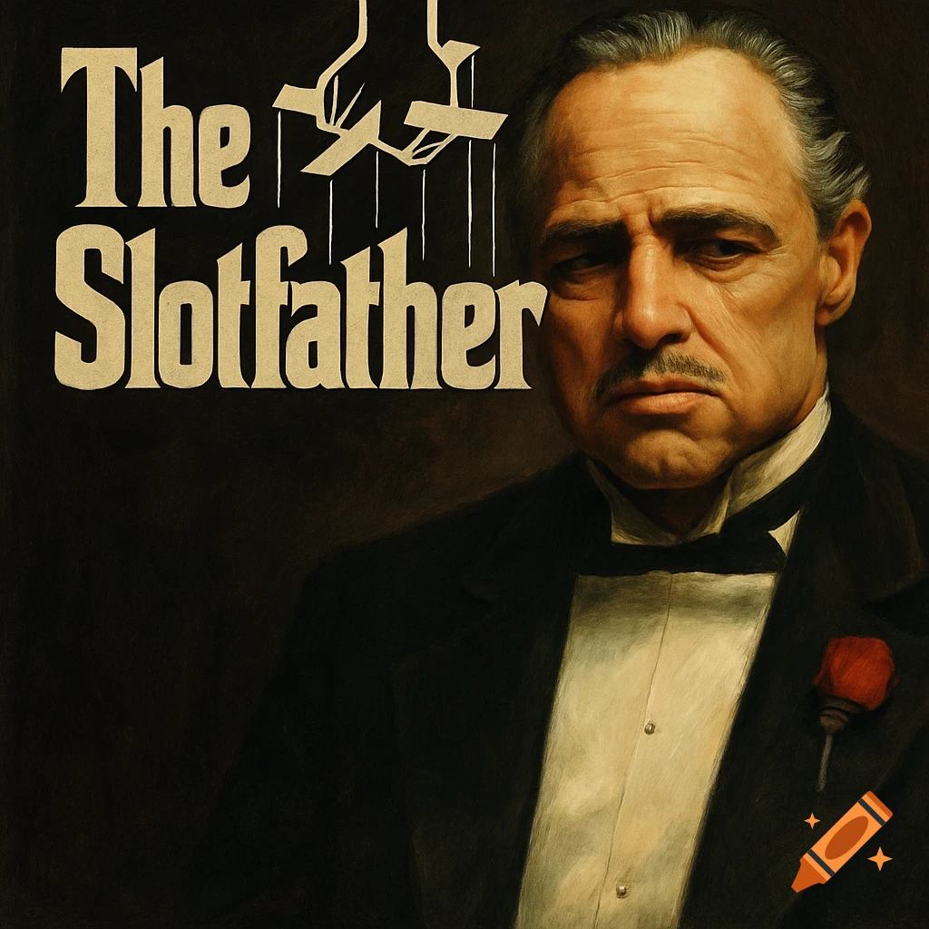 Painting of Marlon Brando as Don Corleone with the text 'The Slotfather'.