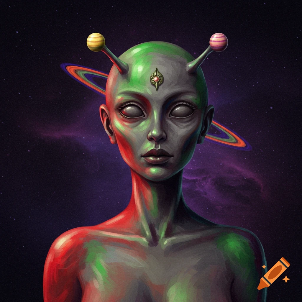 A portrait of a multicolored alien with antennas and a ring behind its head, in space, digital art.