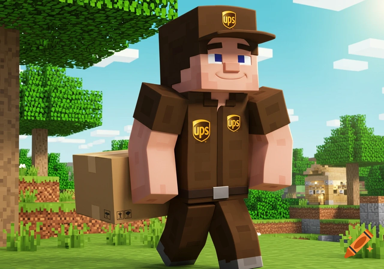 A blocky character in a UPS driver uniform carries a package through a pixelated landscape in the style of Minecraft.