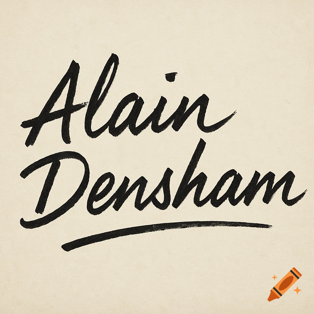 Alain Densham written in black brush script on a beige background.