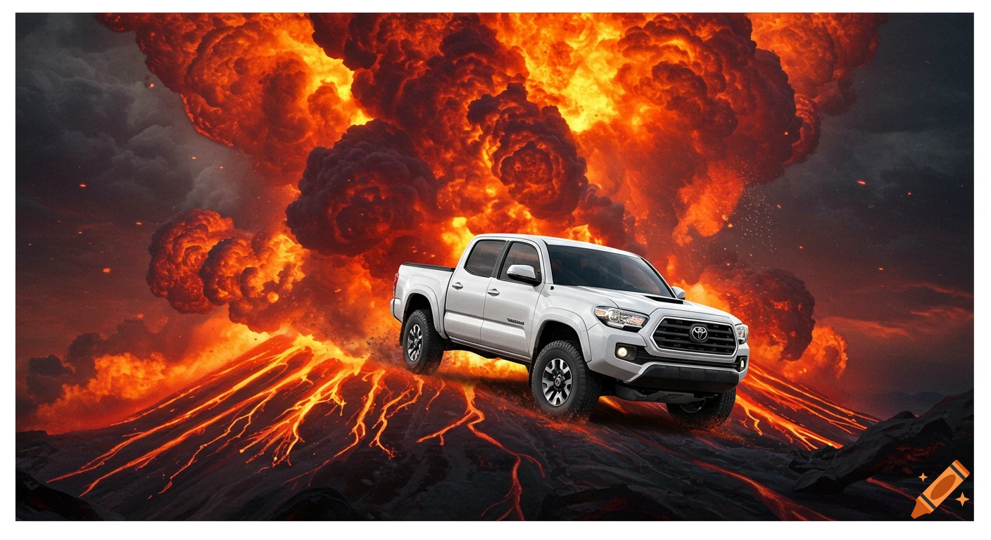 A white pickup truck on a lava flow with a volcanic explosion in the background.