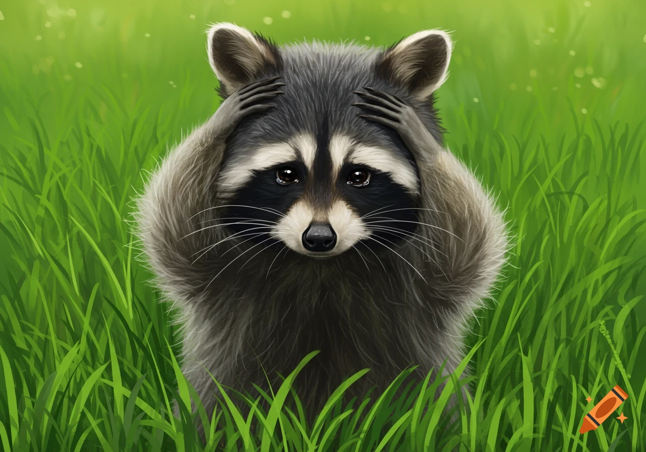 Cartoon raccoon in grass with paws on head, looking sad