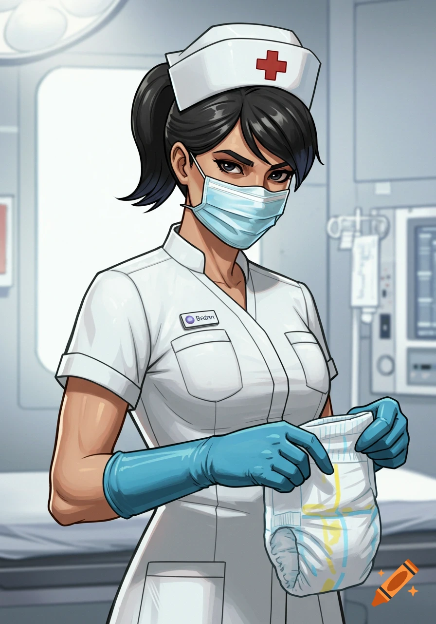 An illustration of a nurse wearing a mask and gloves, holding a diaper in a hospital room.