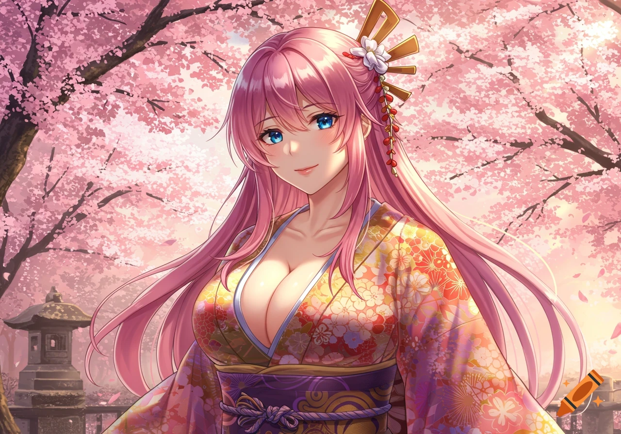 Anime girl in a floral kimono standing among cherry blossoms.