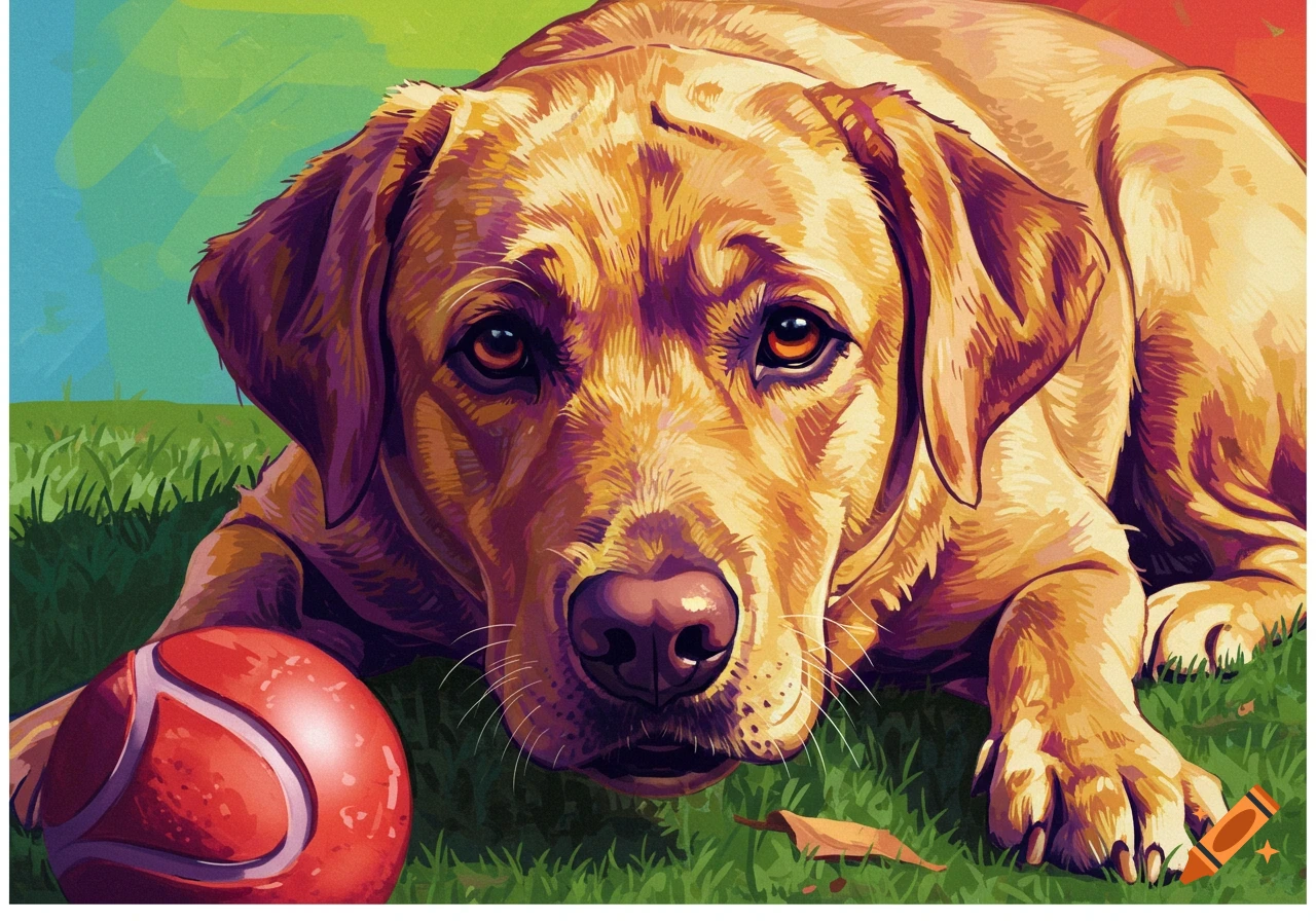 Pop art portrait of a yellow Labrador dog lying on grass with a red ball.