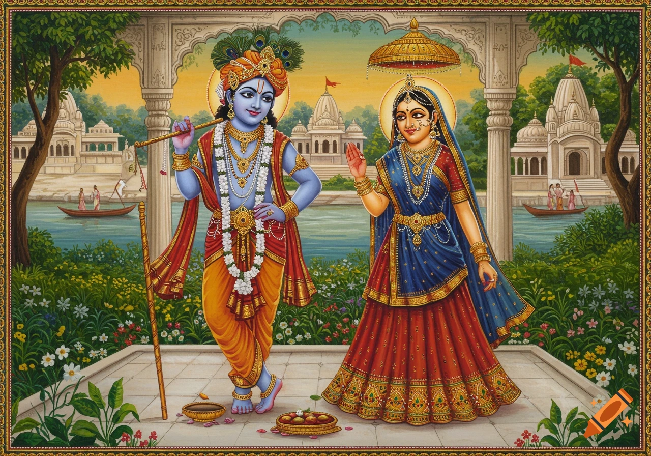Painting of Krishna and Radha standing by a river with temples in the background.