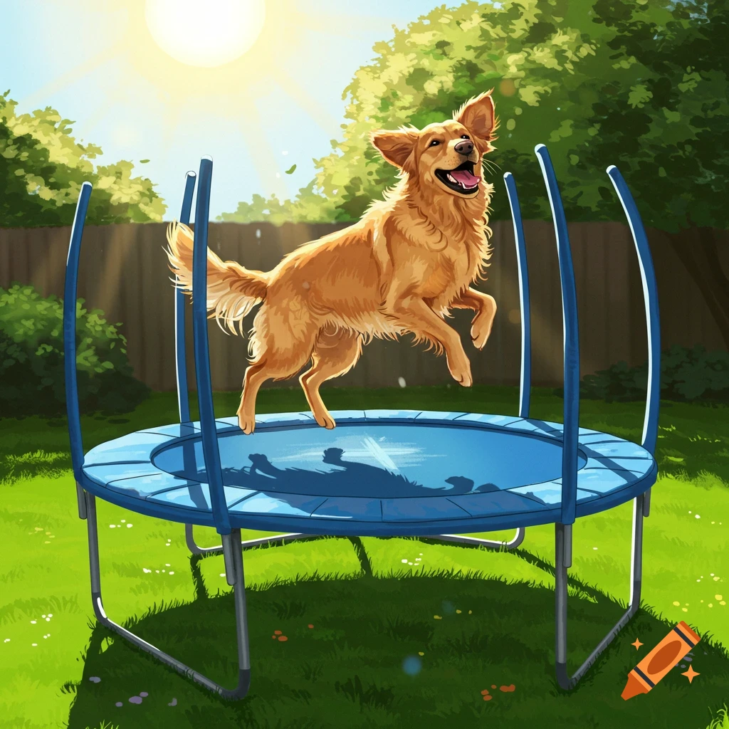 Golden retriever jumping on a blue trampoline in a sunny backyard. Illustrated style.