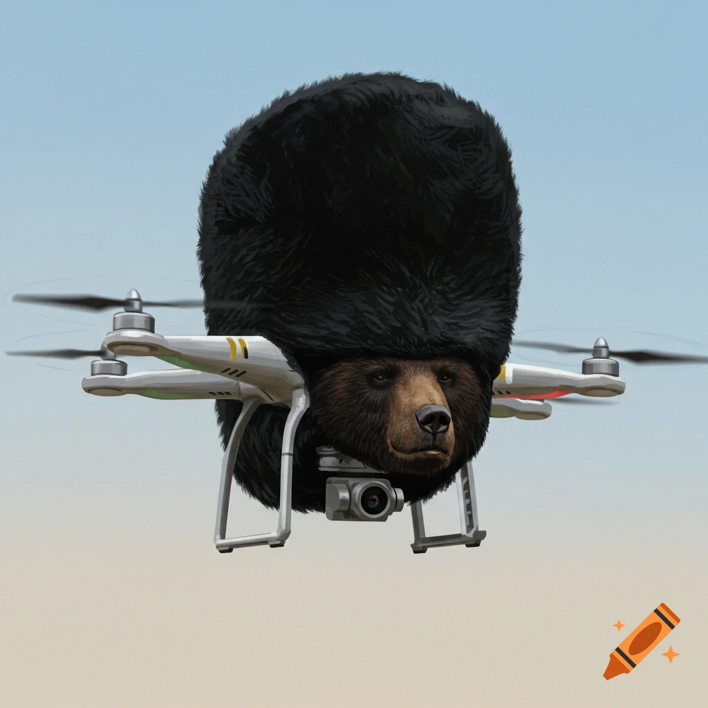 A bear's head wearing a bearskin hat is attached to a quadcopter drone flying in the sky.