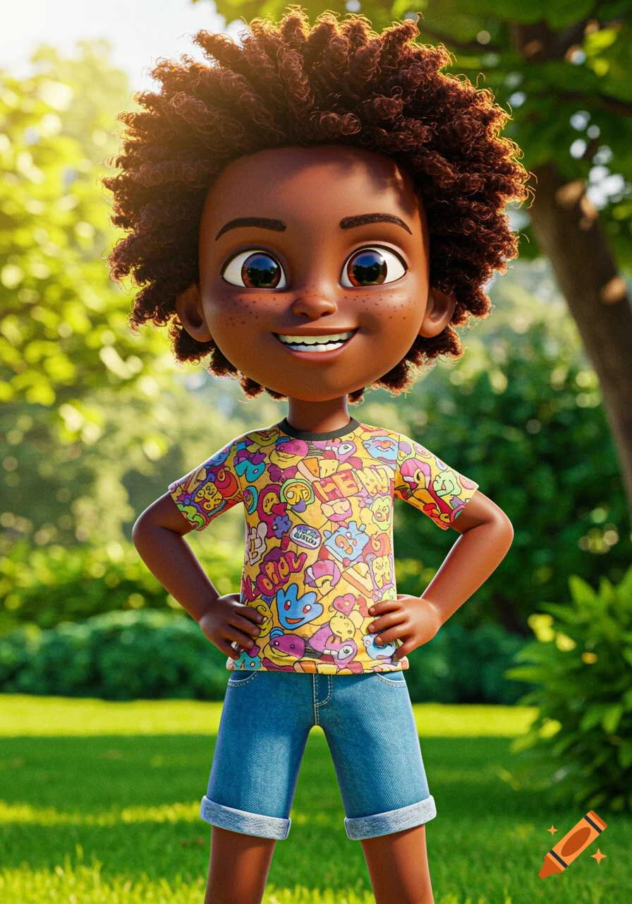 Realistic cartoon child with hands on hips wearing a colorful patterned shirt in a sunny park.