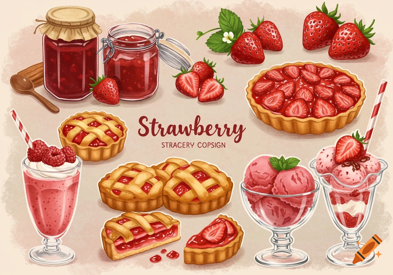 Watercolor illustration of various strawberry treats including jam jars, tarts, milkshakes, ice cream, and fresh strawberries.