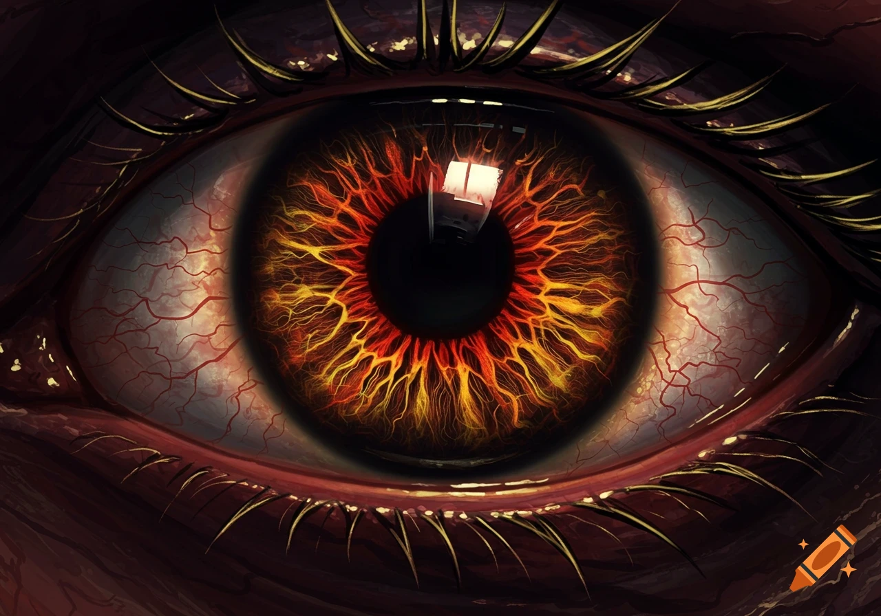 Close-up of a stylized eye with a fiery red and yellow iris and visible blood vessels.