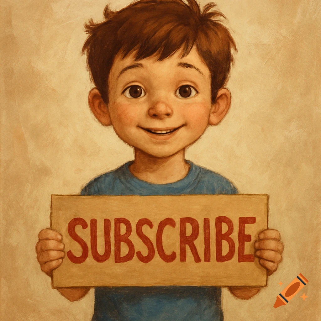 Illustration of a smiling boy holding a sign that says SUBSCRIBE.