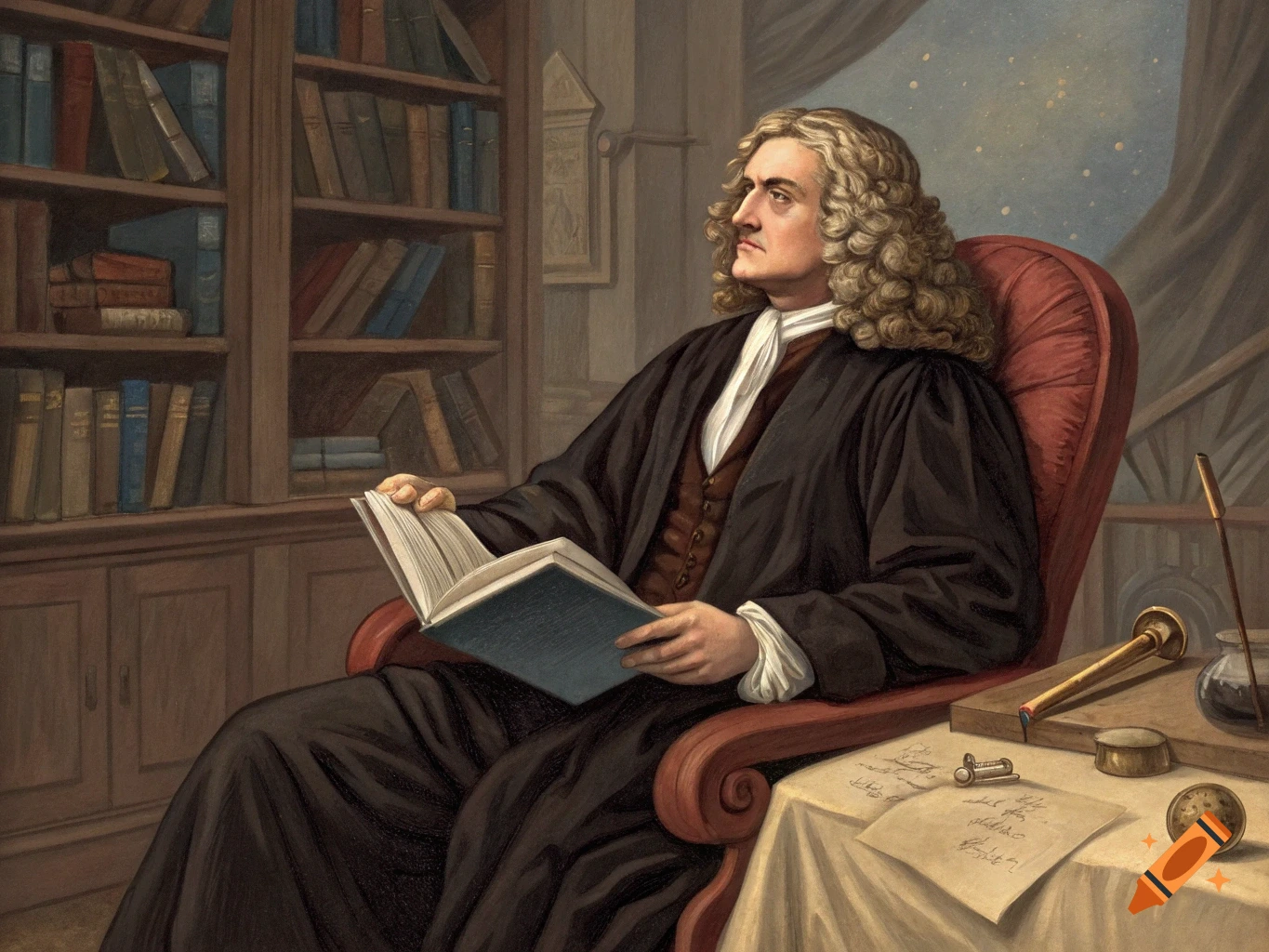 A painting of Isaac Newton sitting in a chair reading a book in a study.