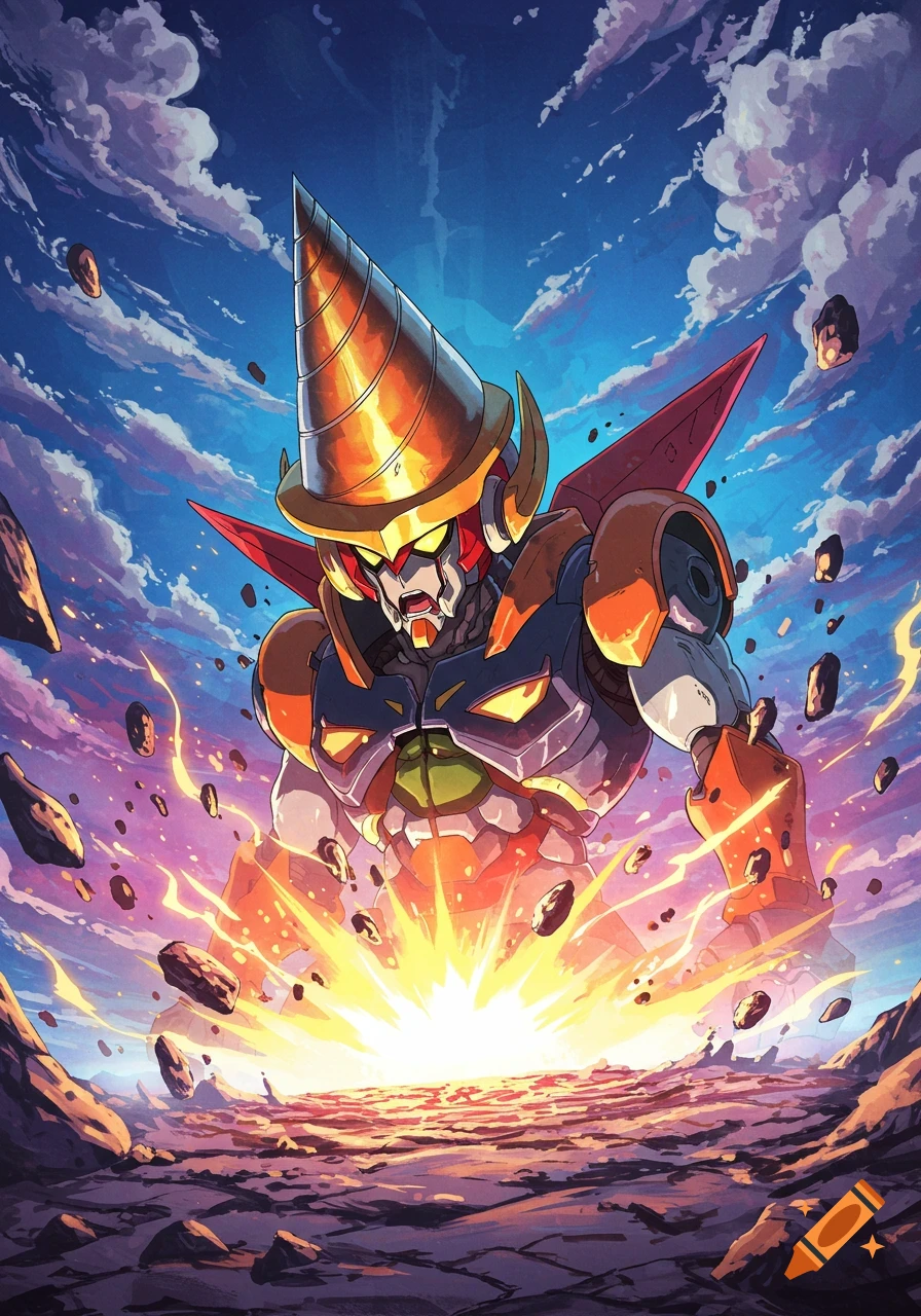 Anime style giant robot with a drill head emerges from the ground with an energy burst and flying rocks