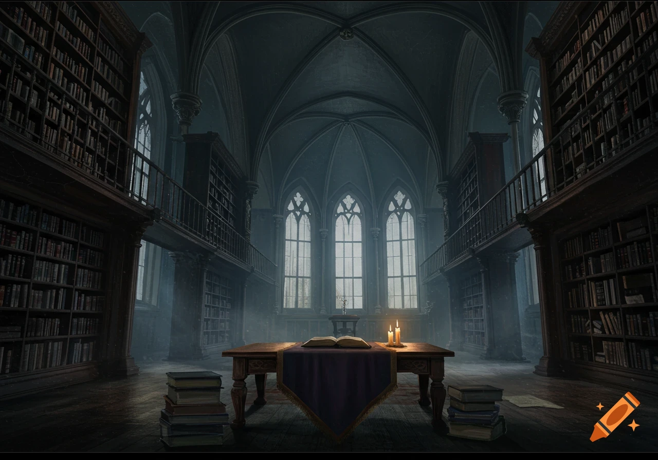 A dark, atmospheric gothic library interior with towering bookshelves, arched windows, and a table with an open book and candles.