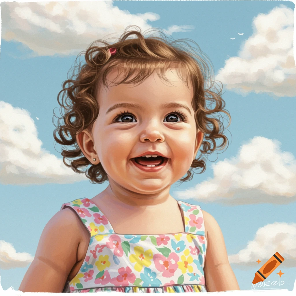 Close-up portrait of a smiling toddler in a floral dress looking up at a cloudy sky, painted style.