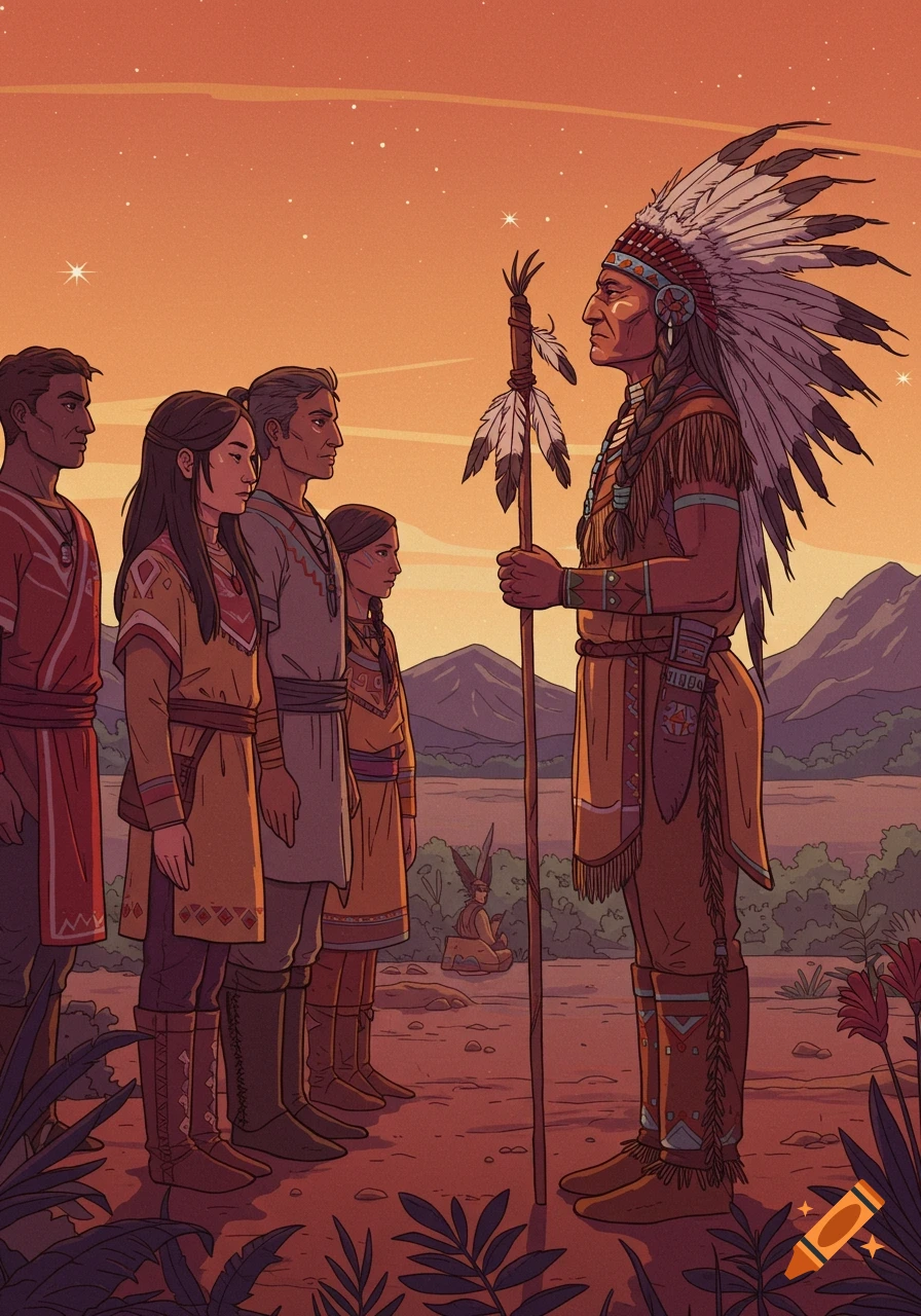 Illustration of Native Americans facing a chief holding a staff at sunset.