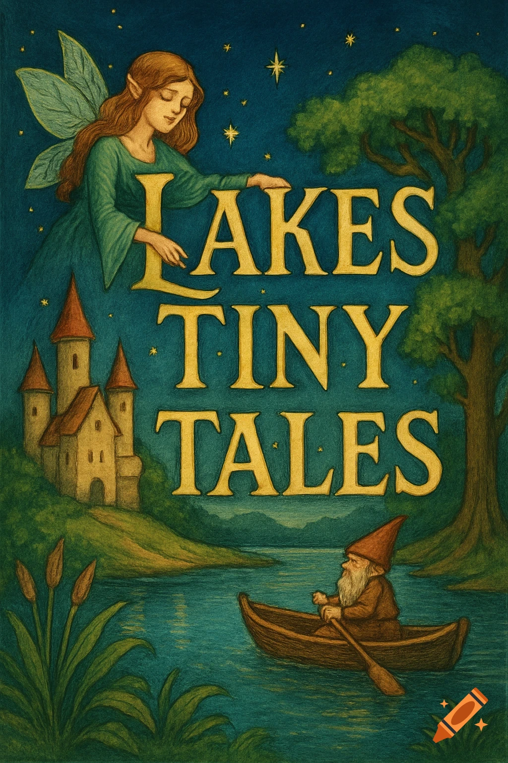 Fairy, castle, lake, and gnome in boat with text 'LAKES TINY TALES' in a colored pencil illustration.